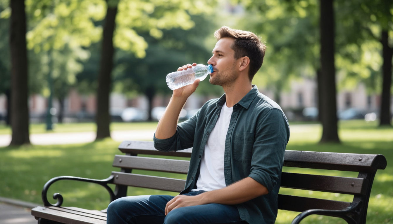 Мужчина пьет воду на скамейке в парке.