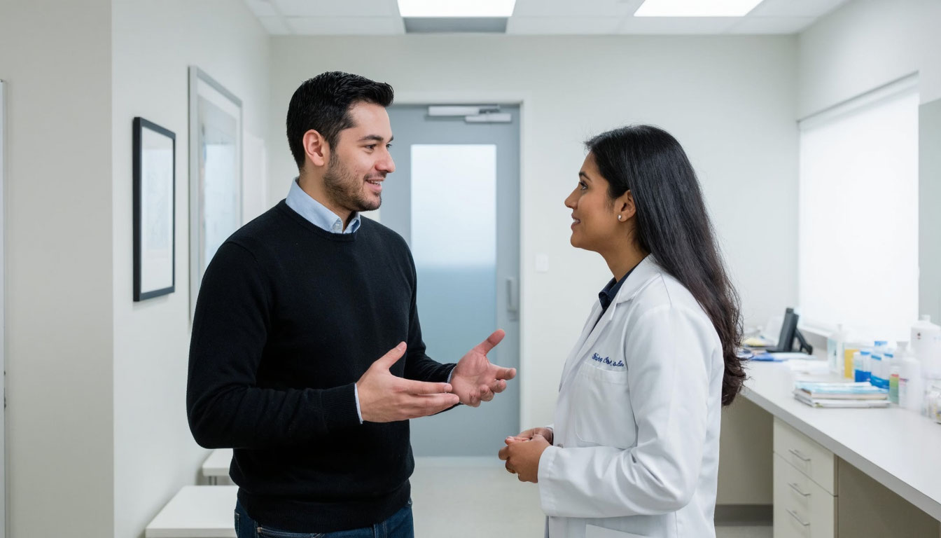 Пациент разговаривает с администратором клиники.