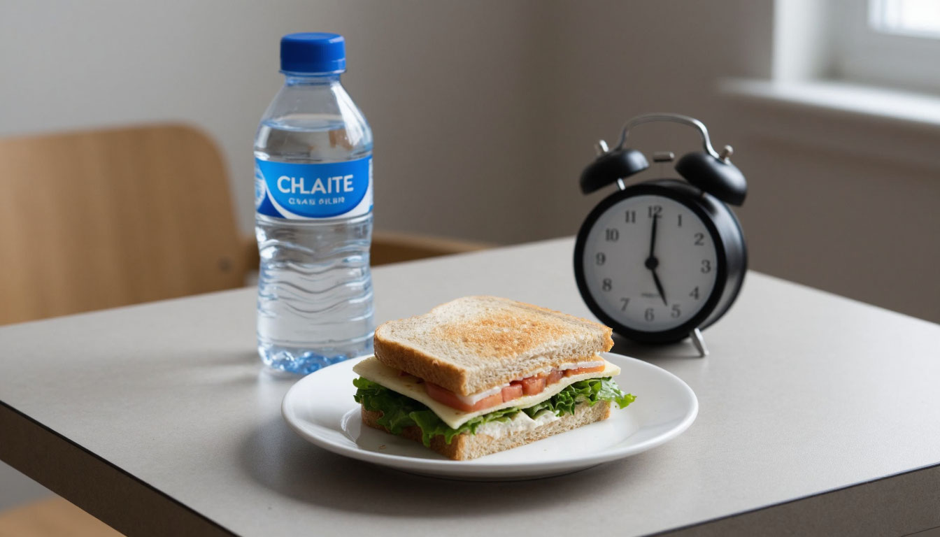 Бутерброд, вода и будильник на столе.
