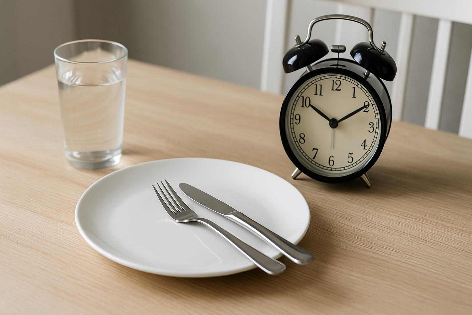 Пустые столовые приборы, стакан воды и будильник на столе.