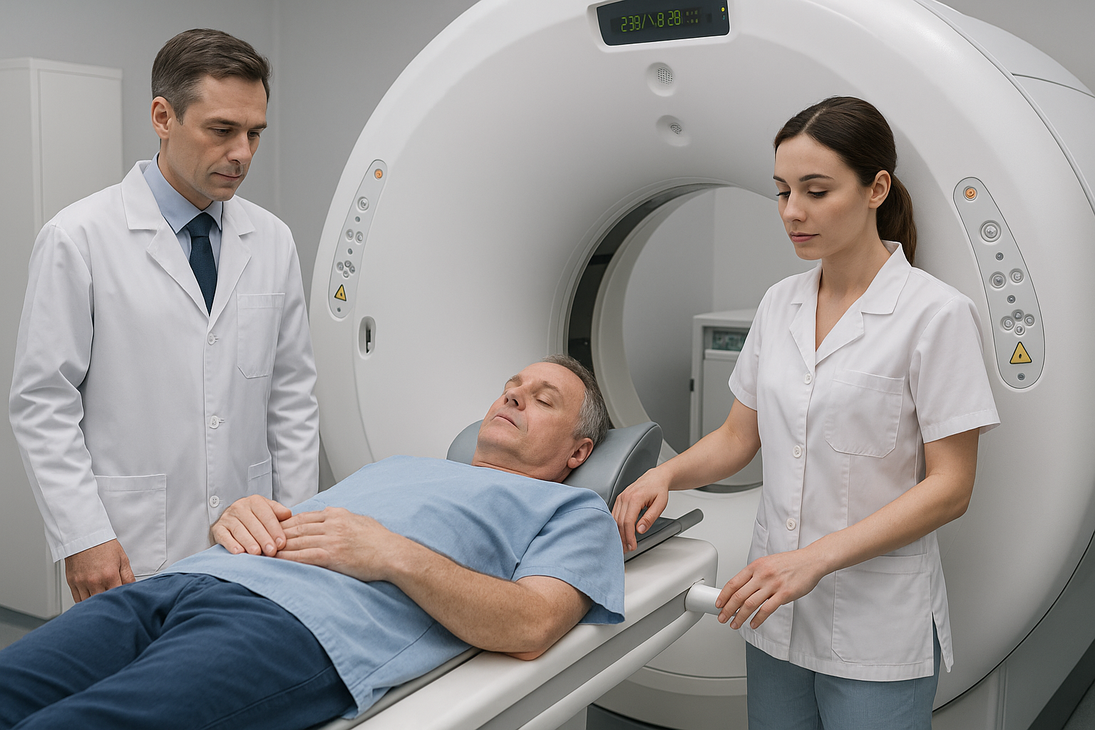 Пациента готовят к проведению КТ.