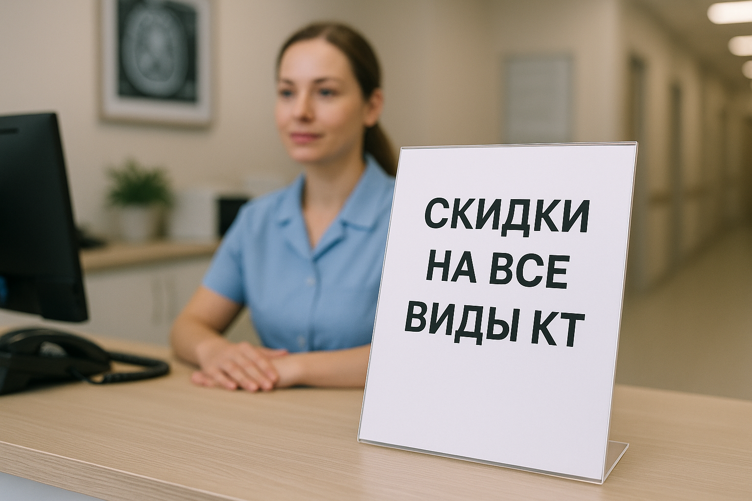 Объявление на стойке администратора о скидках на все виды КТ.