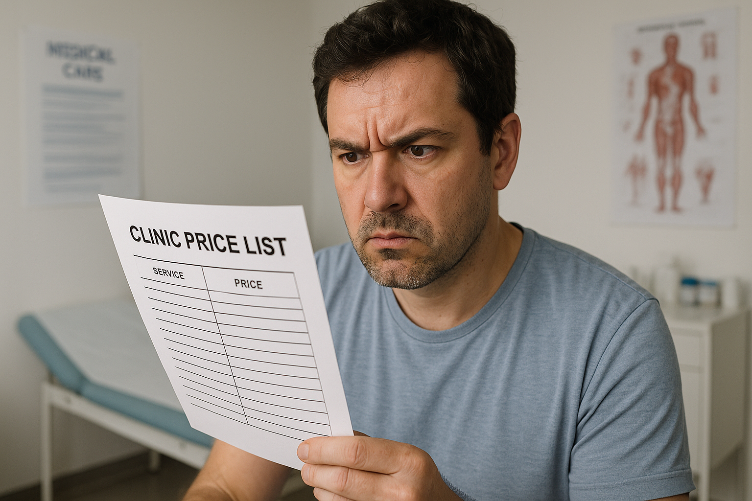 Пациент с подозрением смотрит на пустой прайс клиники.