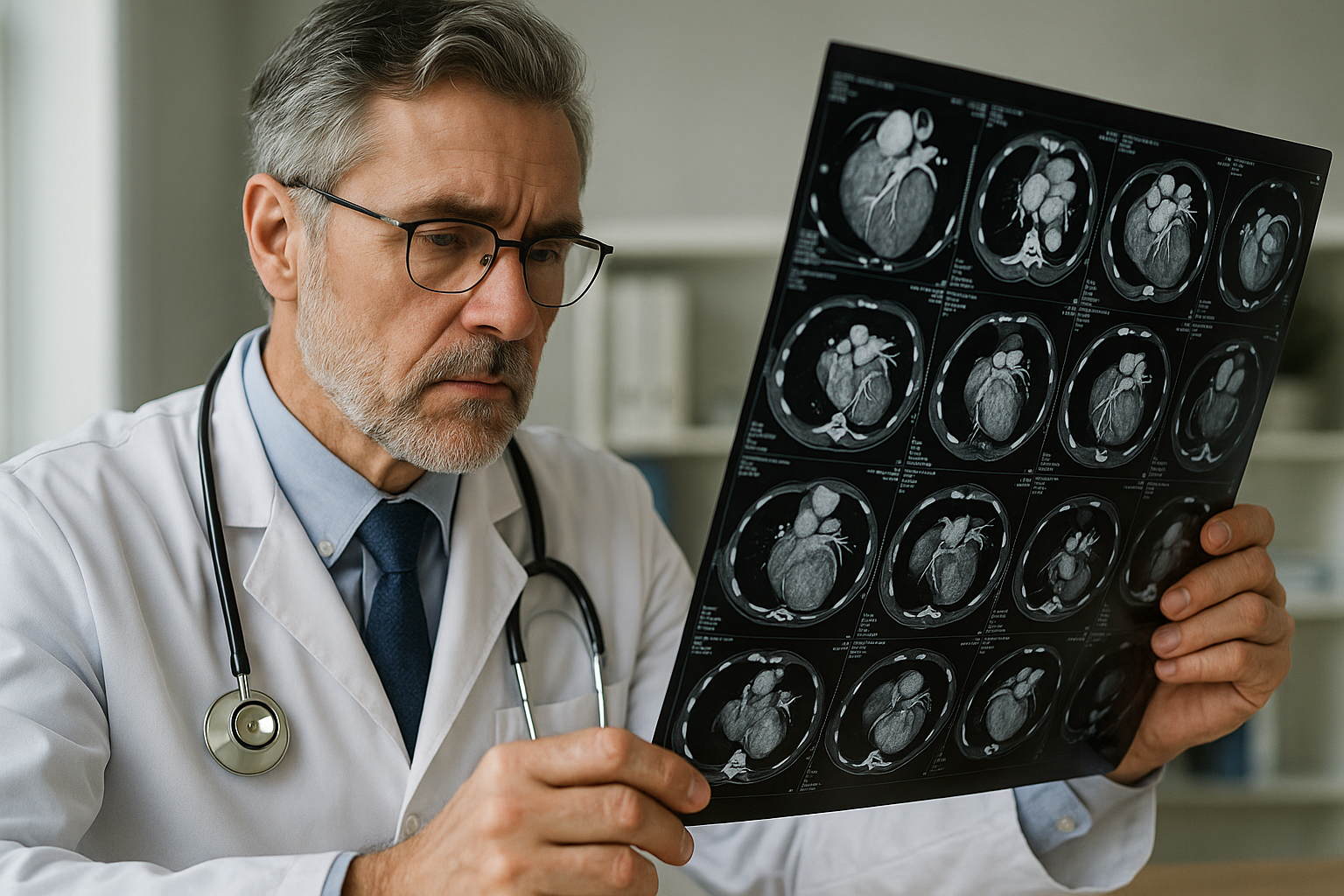 Опытный кардиолог изучает снимки КТ сердца.