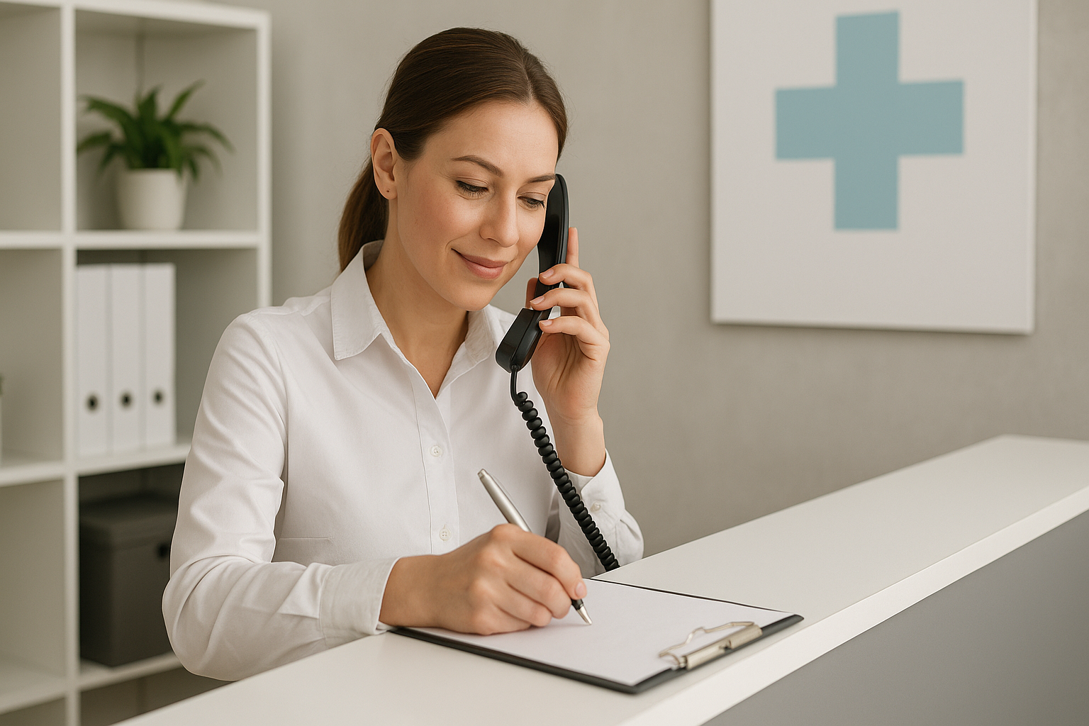 Администратор клиники разговаривает по телефону и делает записи.