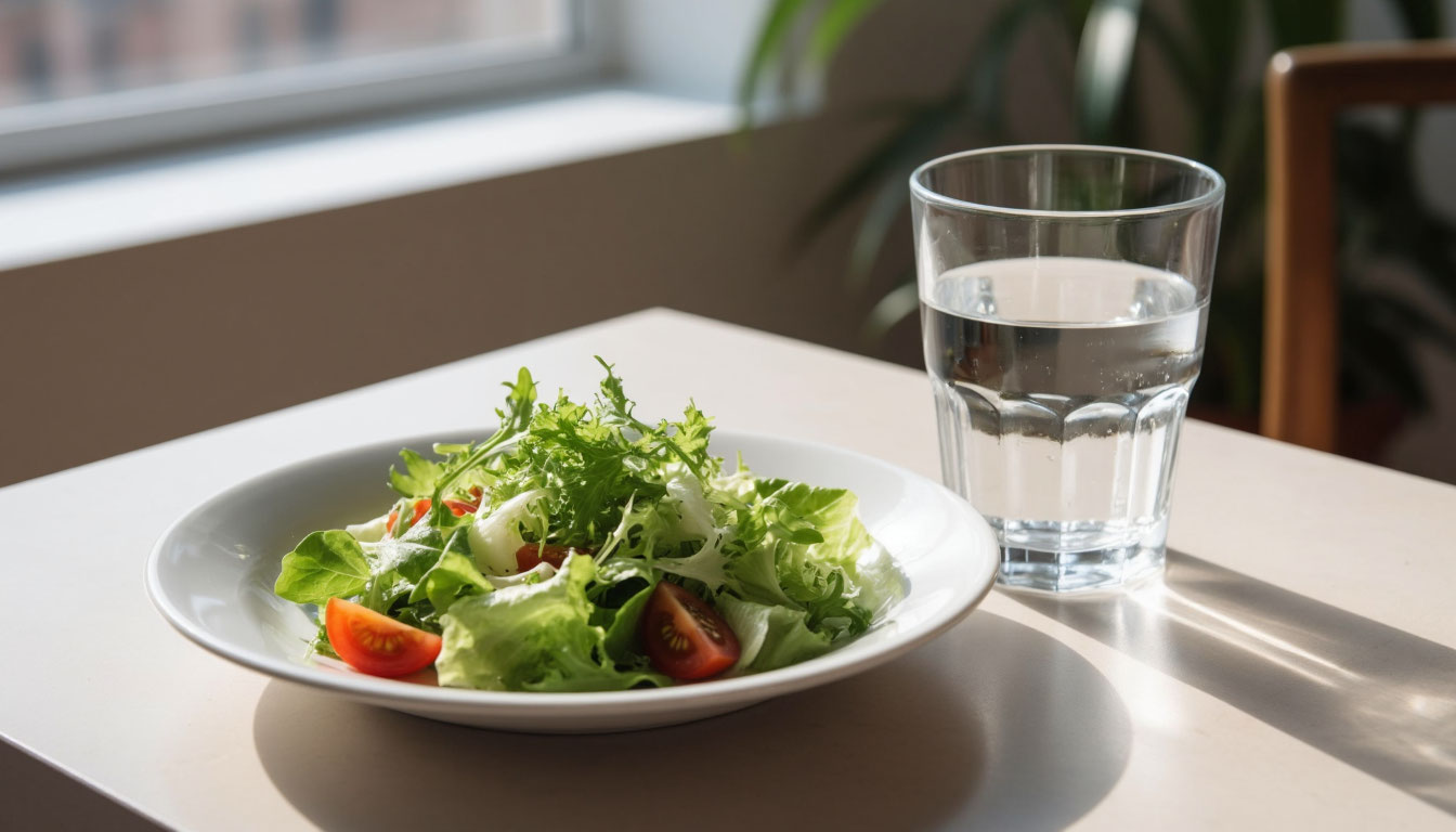 Салат и стакан чистой воды.