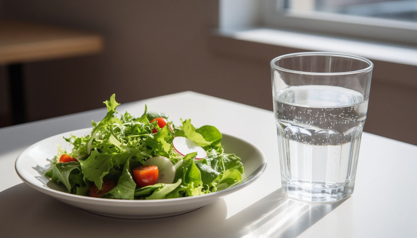 Легкий салат и стакан воды.