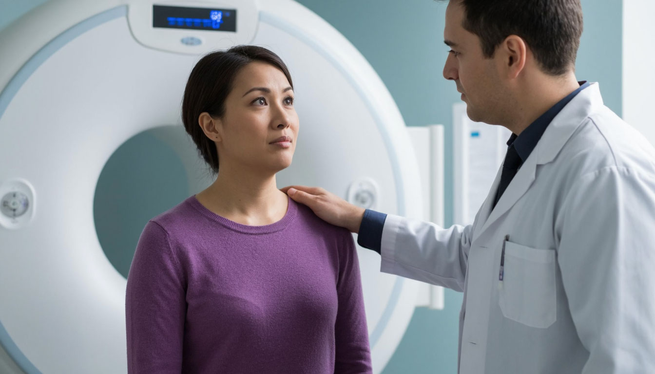 Врач успокаивает пациентку перед КТ.