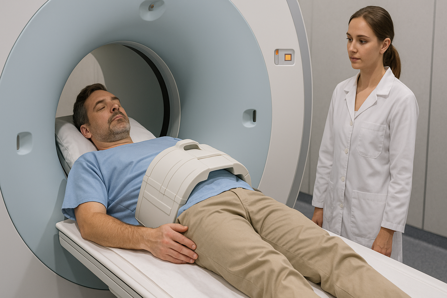 Лежащего на столе томографа пациента готовят к проведению МРТ кишечника.