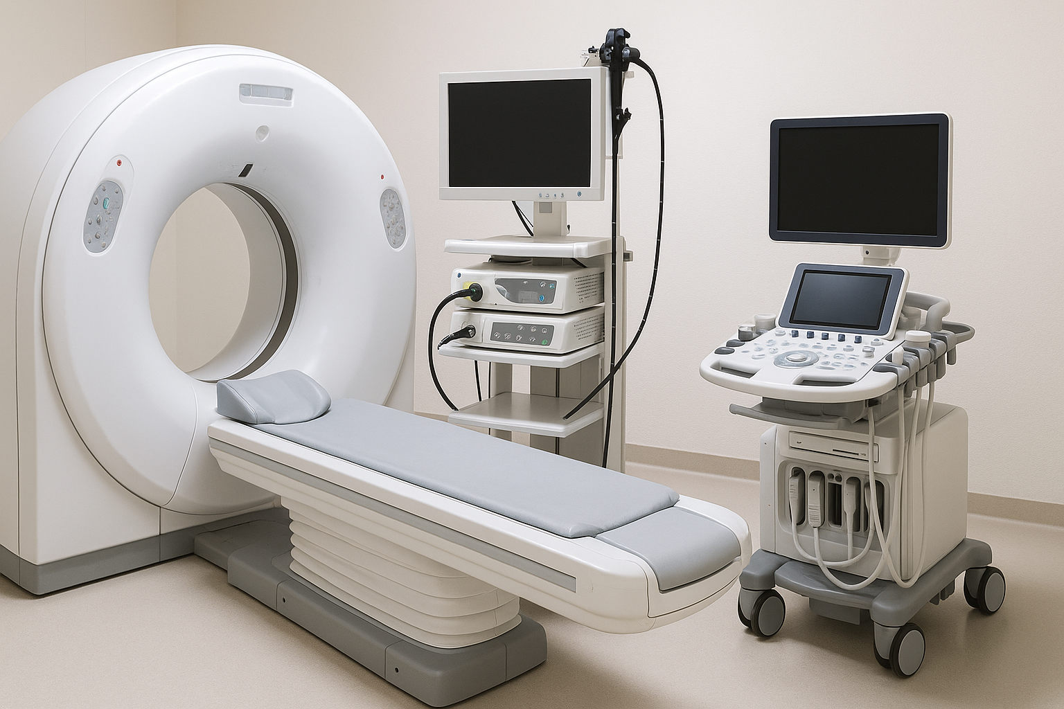 Компьютерный томограф вместе с аппаратами УЗИ и эндоскопии.