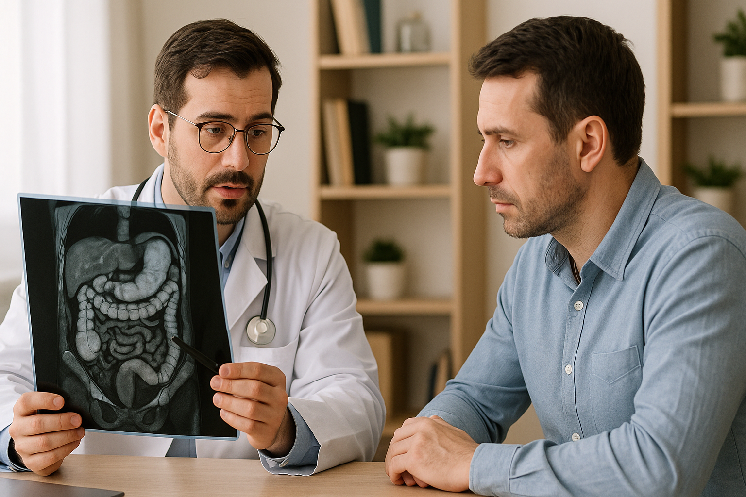 Врач консультирует пациента по снимку МРТ кишечника.
