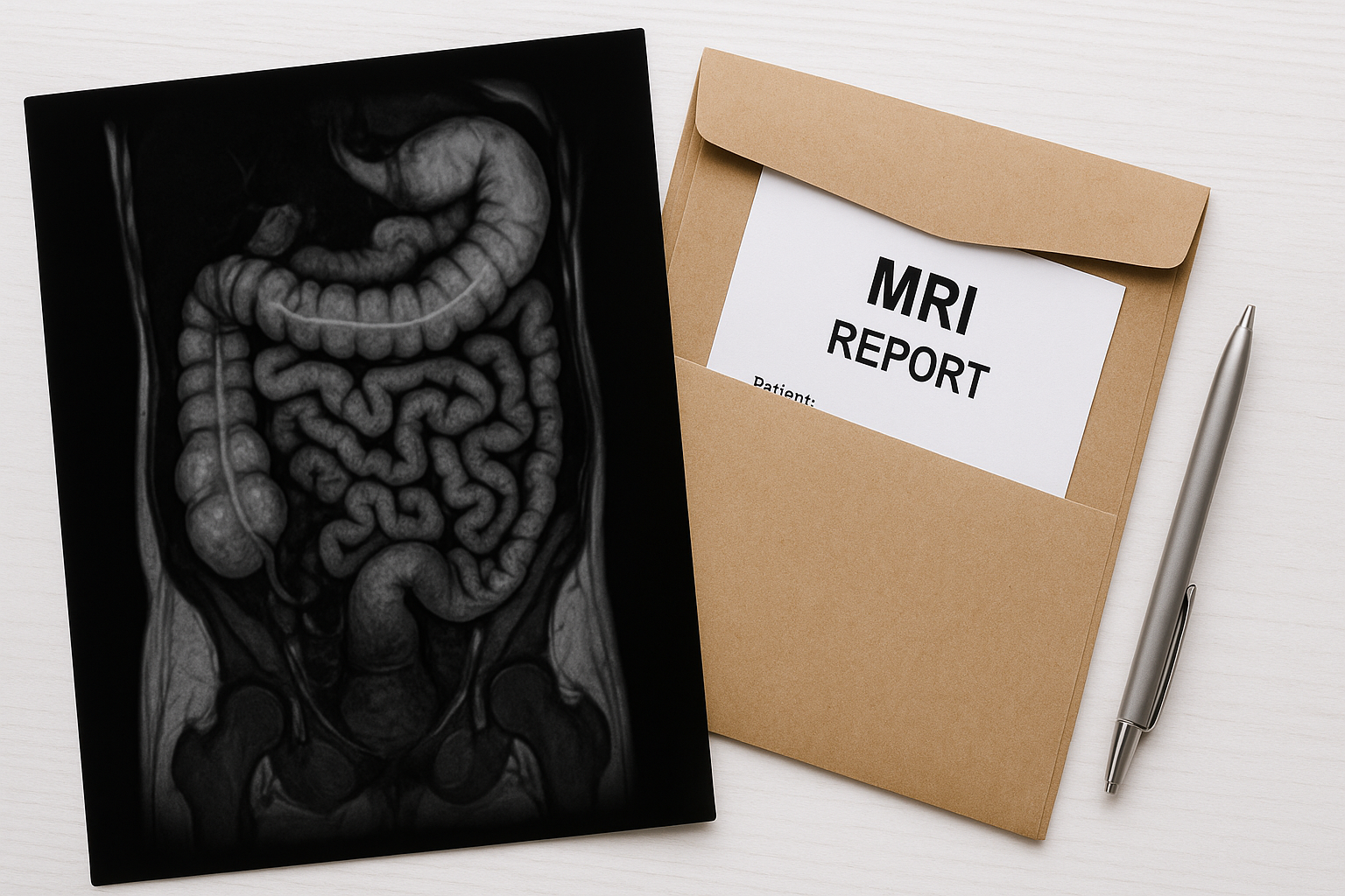 Снимок МРт кишечника и пакет с документами по его расшифровке.