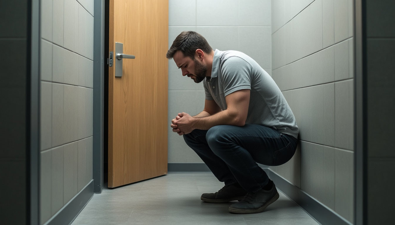 Мужчина на корточках у входа в туалет.