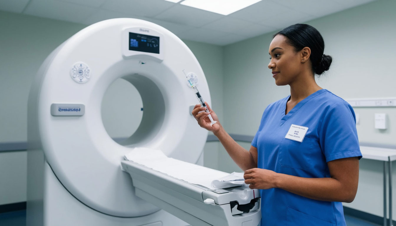 Медсестра со шприцем перед аппаратом МРТ.