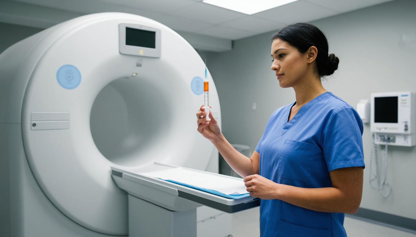 Медсестра со шприцем рядом с аппаратом КТ.