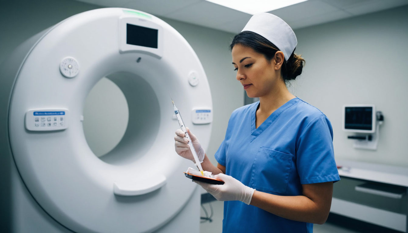 Медсестра со шприцем перед КТ.