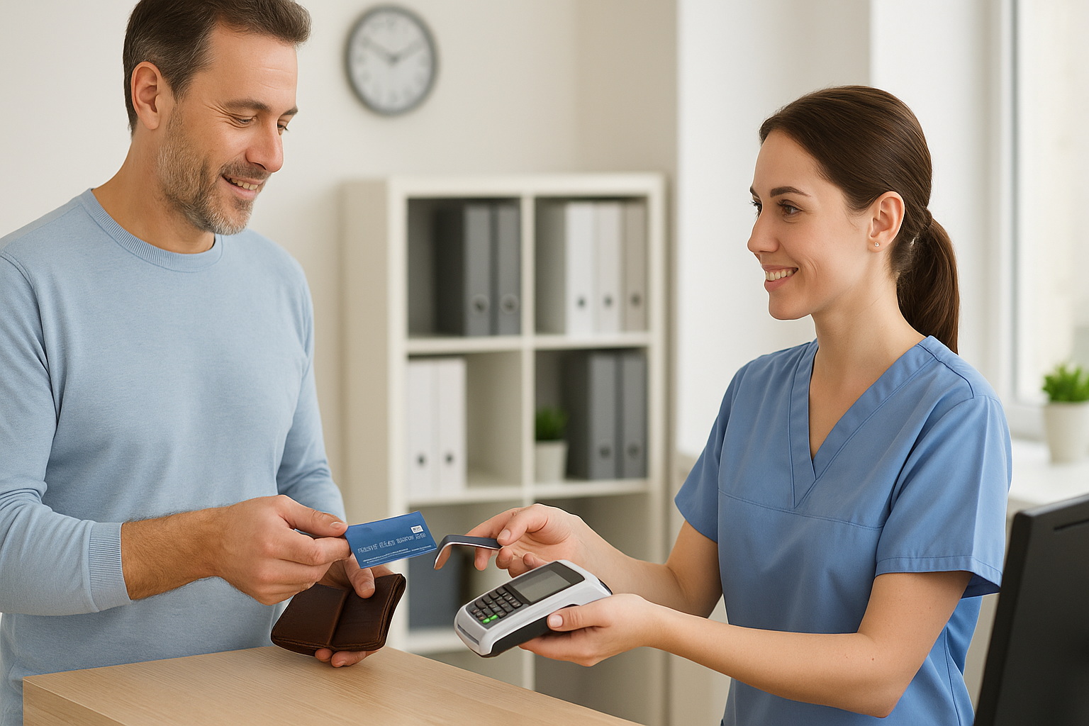Пациент расплачивается карточкой за процедуру.
