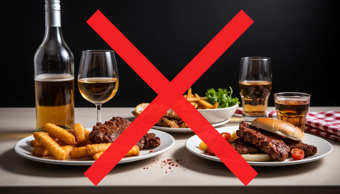 Запрет на алкоголь и жирную пищу.