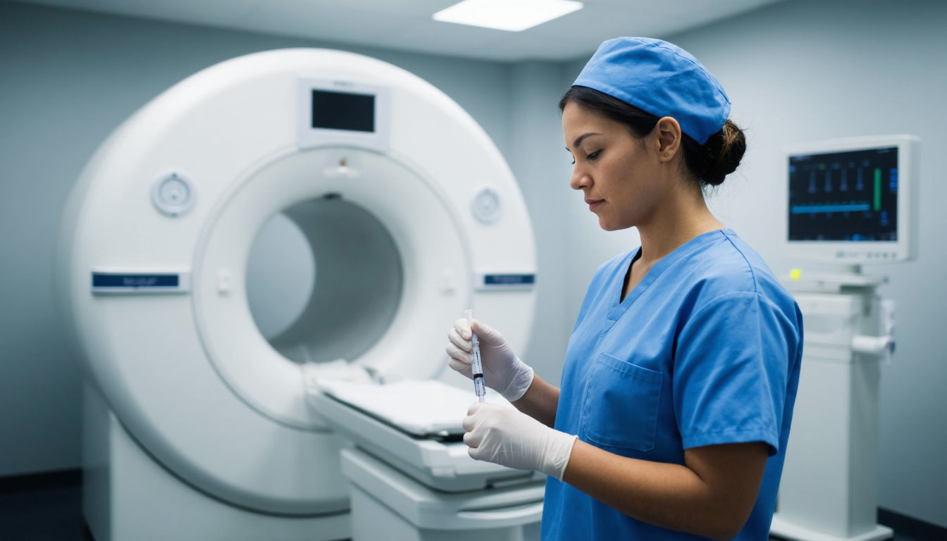 Медсестра со шприцем на фоне аппарата МРТ.