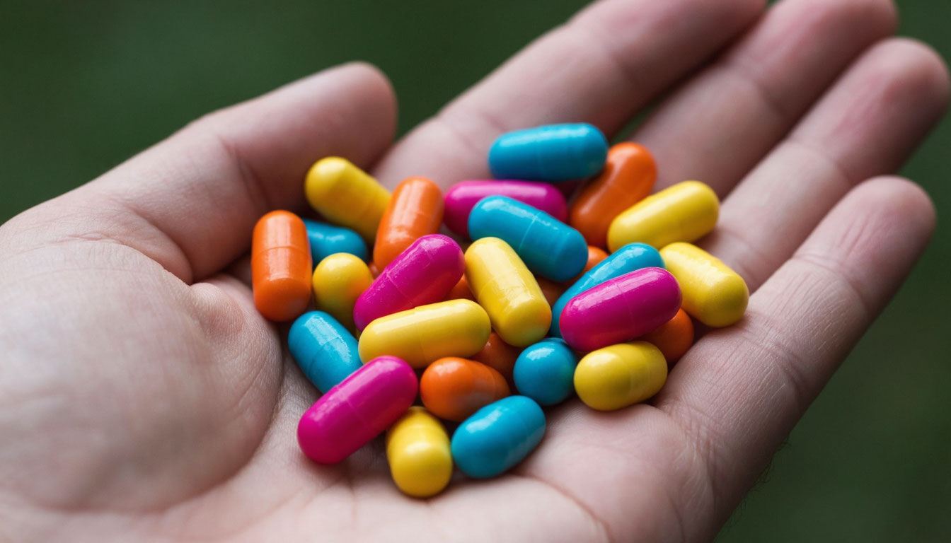 Разноцветные таблетки в руке.