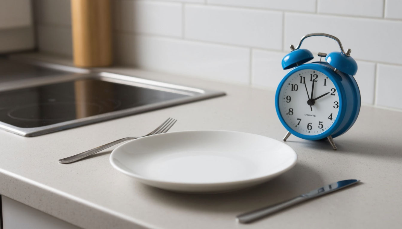 Пустая тарелка рядом с будильником.