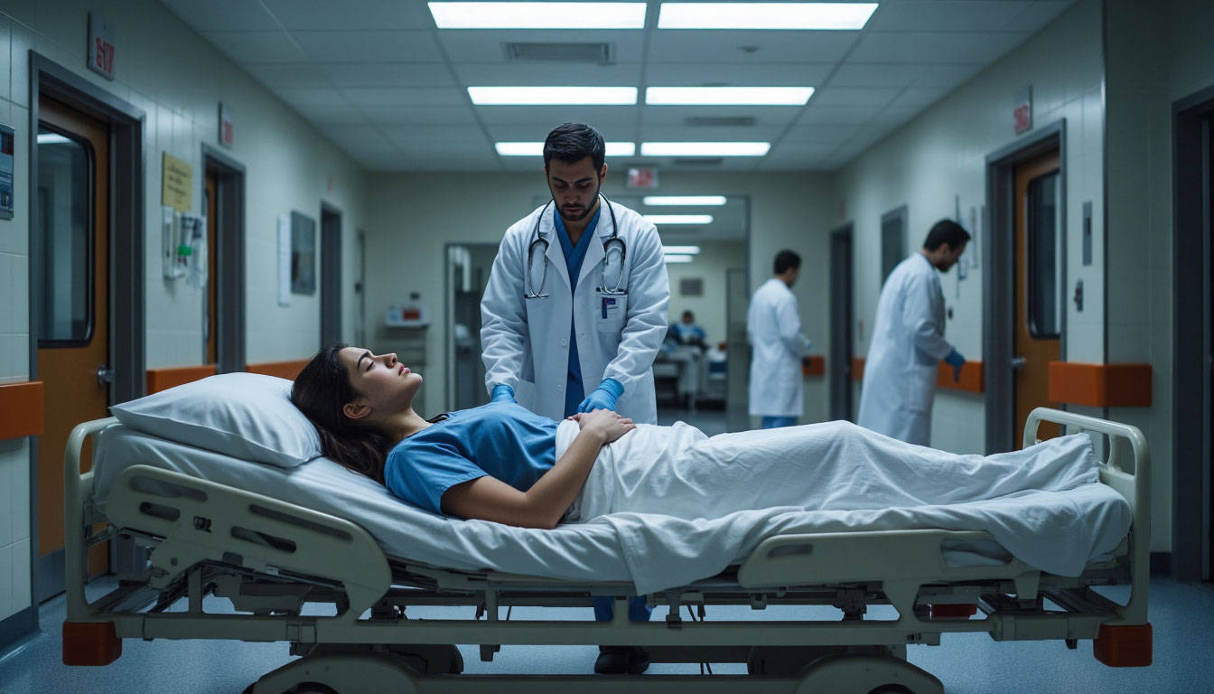 Девушка на каталке в больнице.