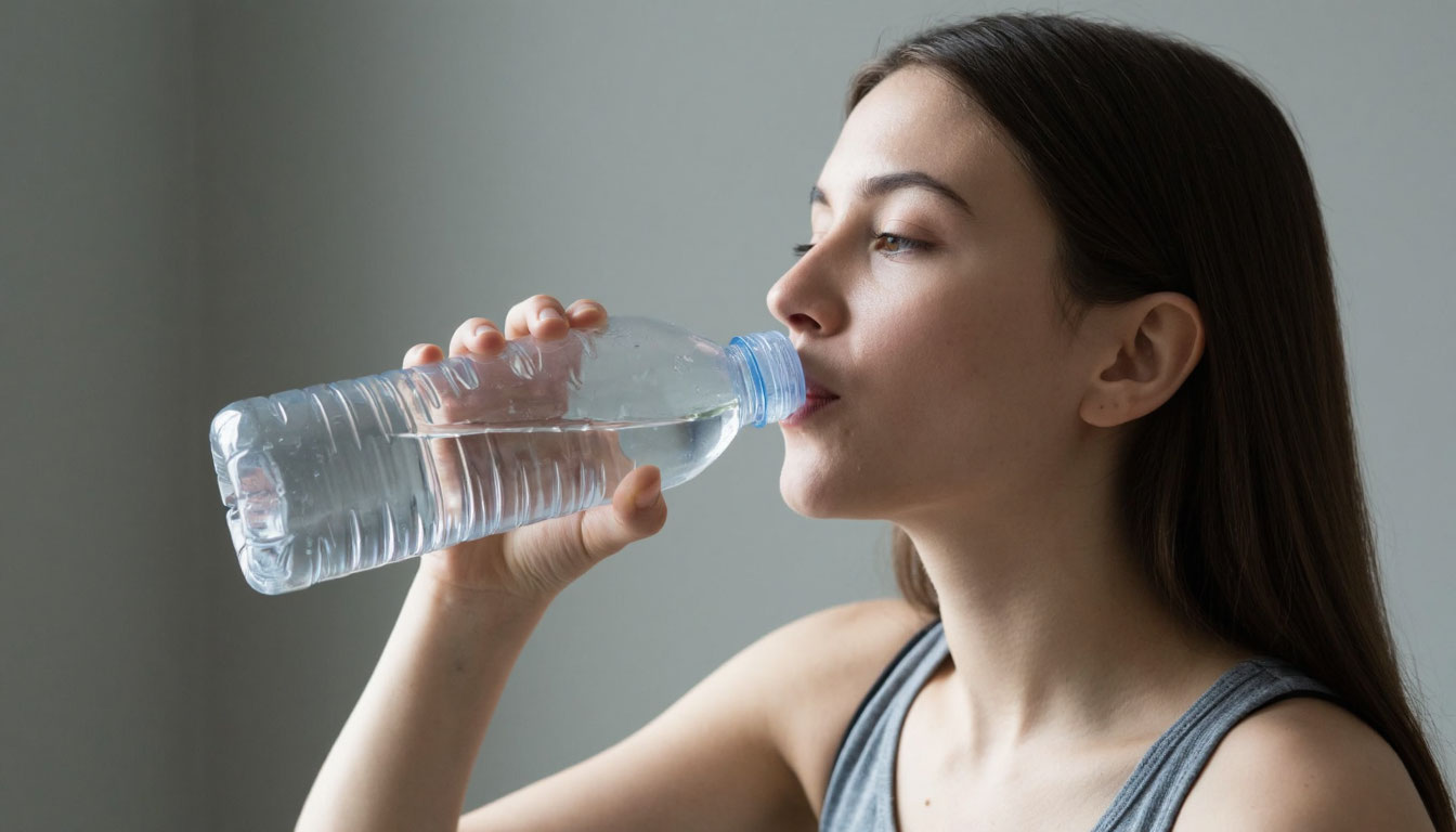 Девушка пьет воду из бутылки.