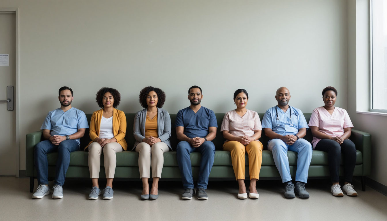 Пациенты и врачи в фойе клиники.