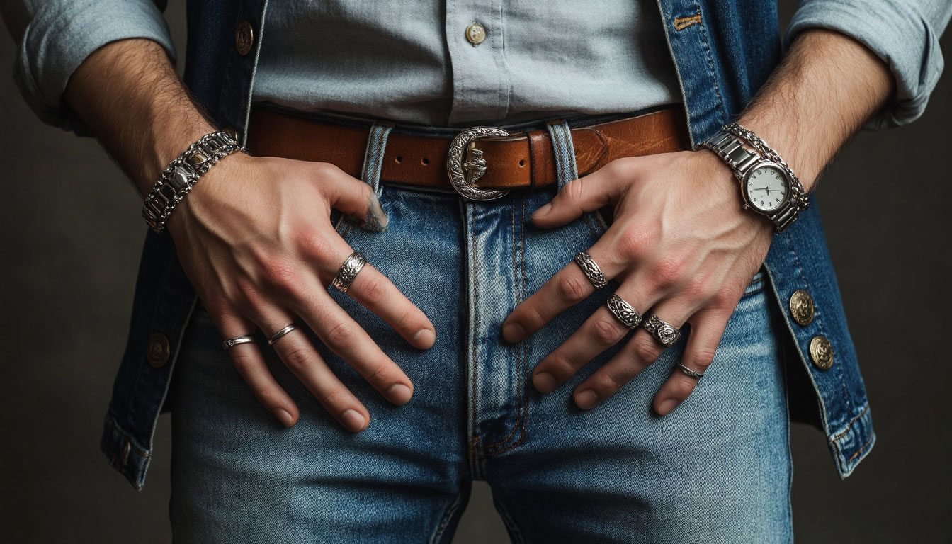 Металлические элементы на одежде и теле.