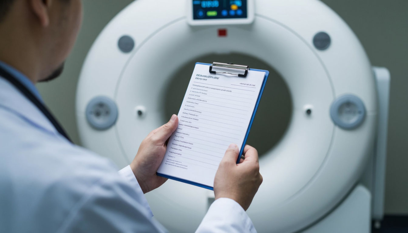 Врач с чек-листом на фоне МРТ.