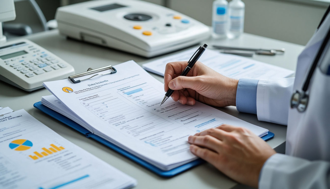 Врач заполняет документы.