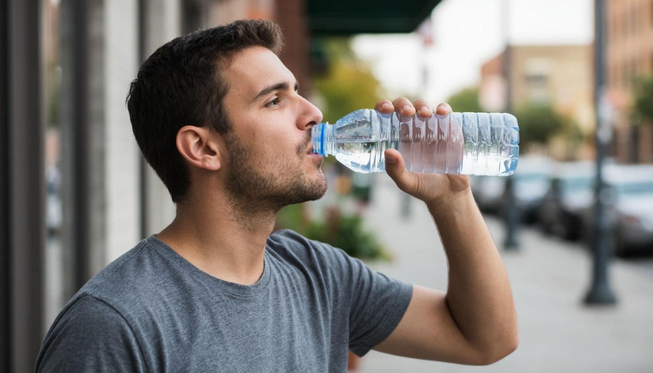Мужчина пьет воду из бутылки.