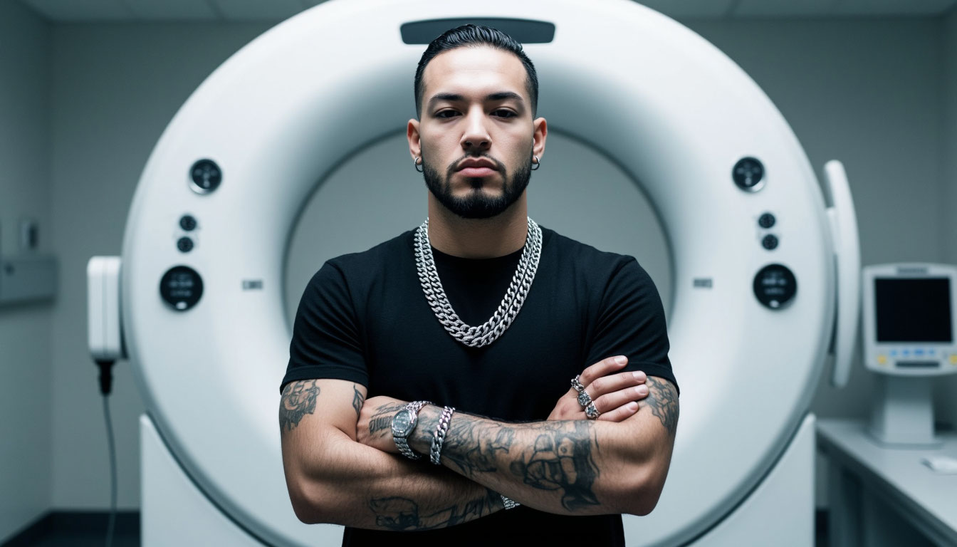 Мужчина с украшениями и пирсингом на фоне аппарата КТ.