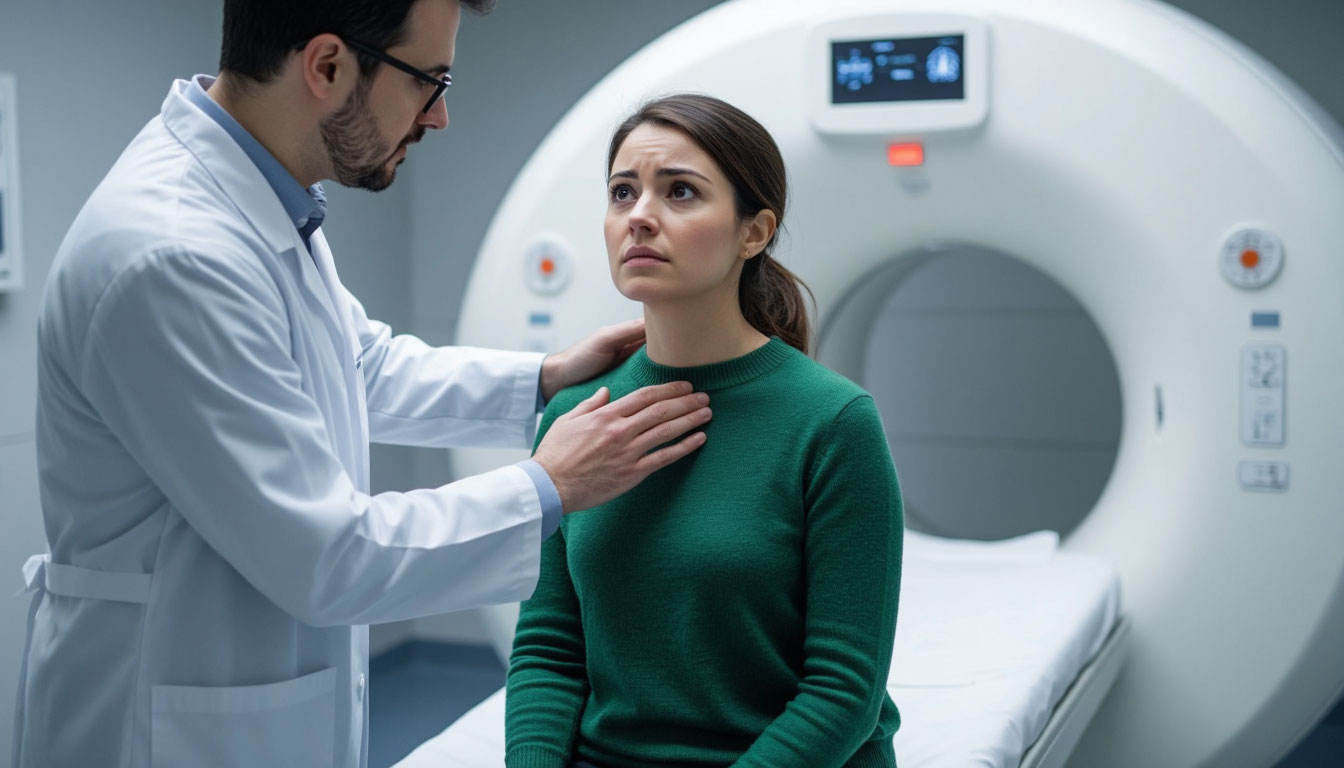 Врач успокаивает волнующуюся перед МРТ пациентку.