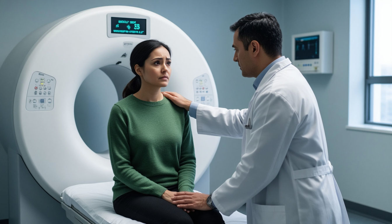 Врач успокаивает тревожную пациентку перед КТ.