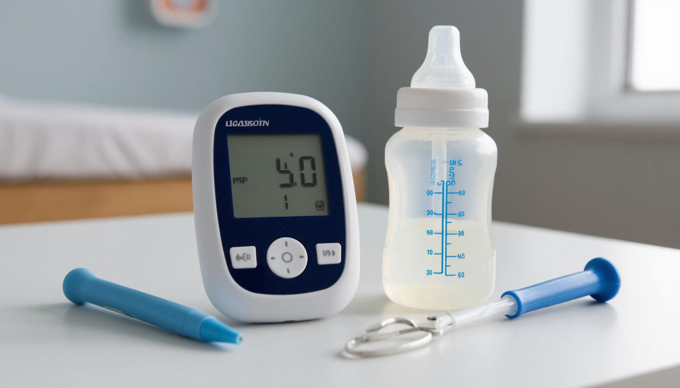 Прибор для измерения сахара в крови и бутылочка с детской смесью.