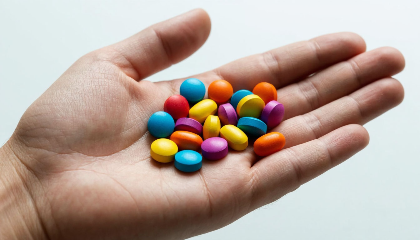 Разноцветные таблетки на ладони.